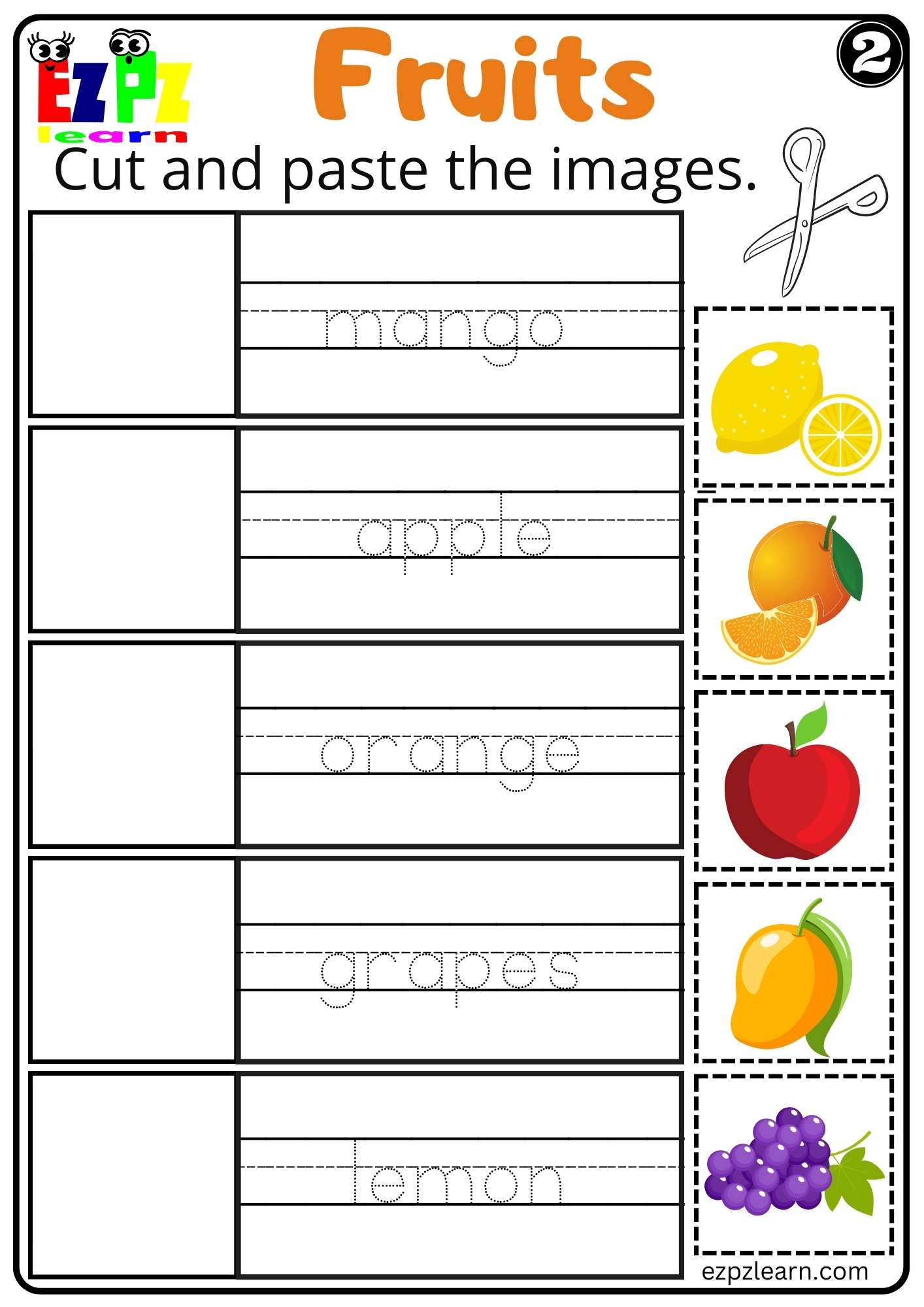 Fruits Cut and Paste Worksheet for K5 Kindergarten and ESL Free PDF